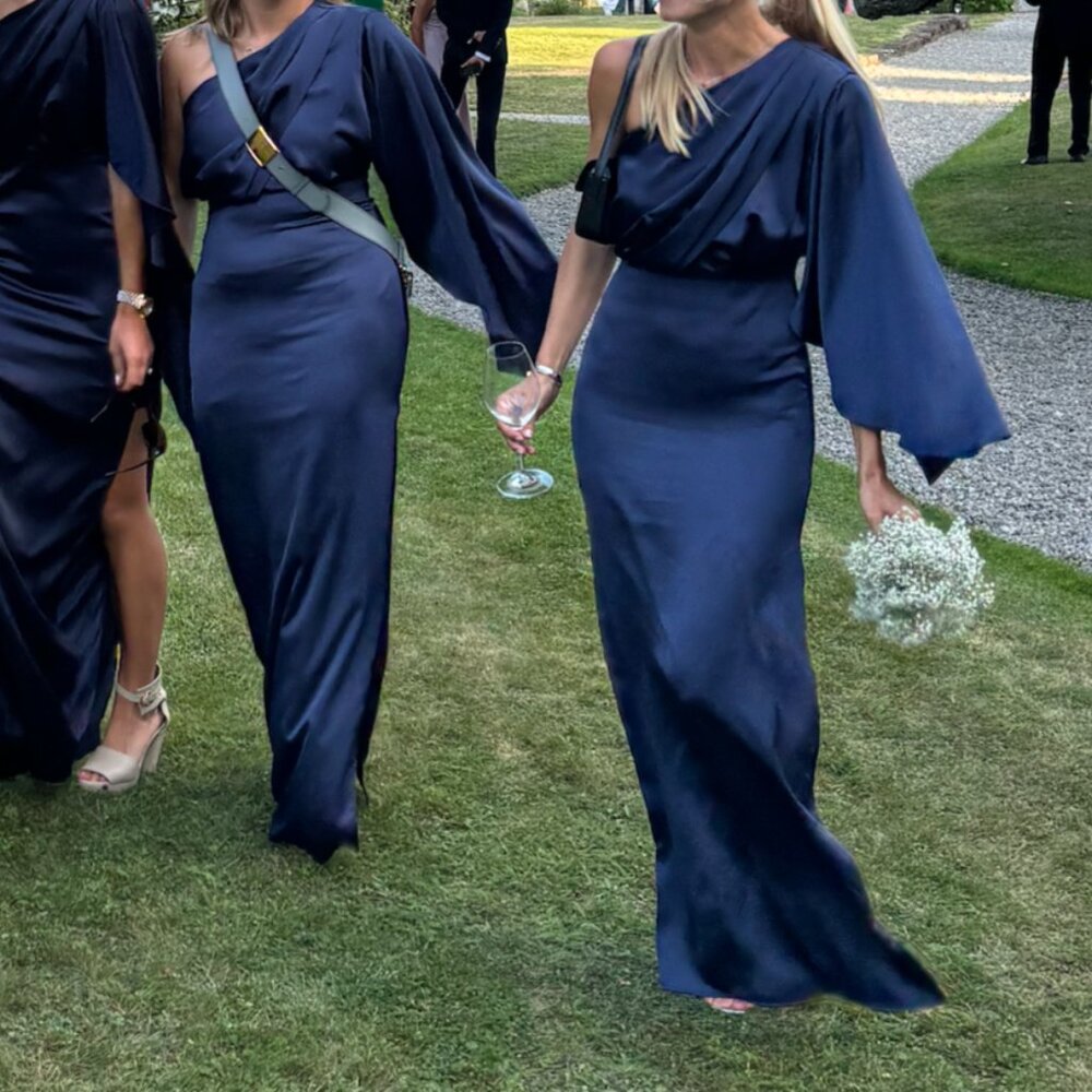 Lady Pipa Navy Silk Asymmetrical Side Slit Dress